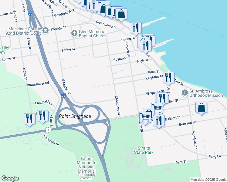 map of restaurants, bars, coffee shops, grocery stores, and more near 540 Chambers Street in St. Ignace
