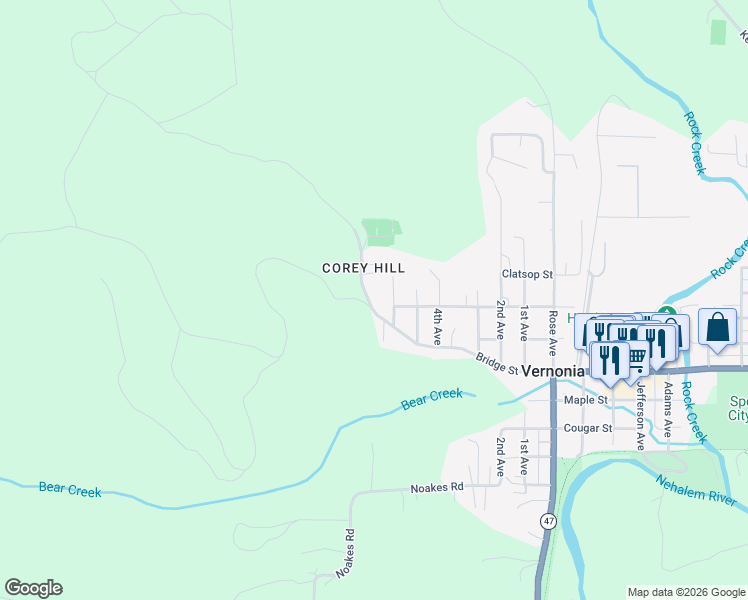 map of restaurants, bars, coffee shops, grocery stores, and more near 1978 Bridge Street in Vernonia