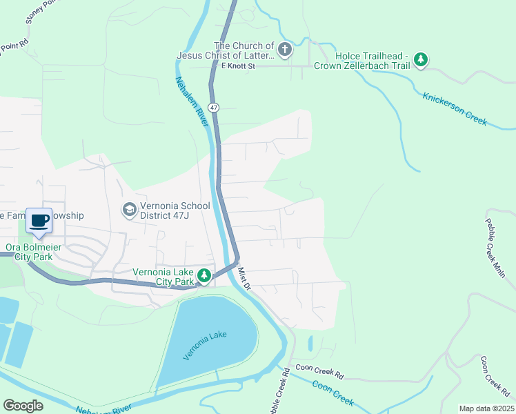 map of restaurants, bars, coffee shops, grocery stores, and more near 1220 East Elm Street in Vernonia