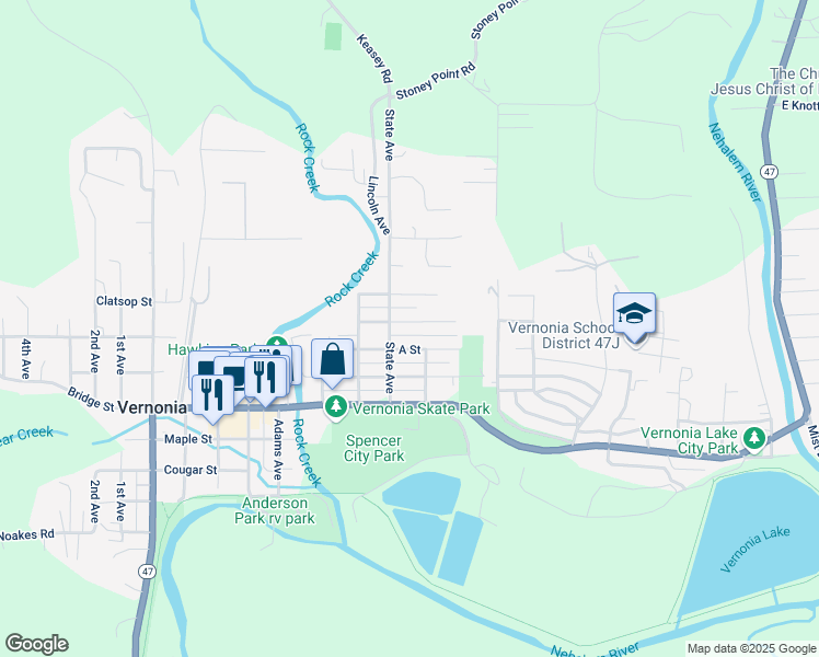 map of restaurants, bars, coffee shops, grocery stores, and more near 1064 State Avenue in Vernonia