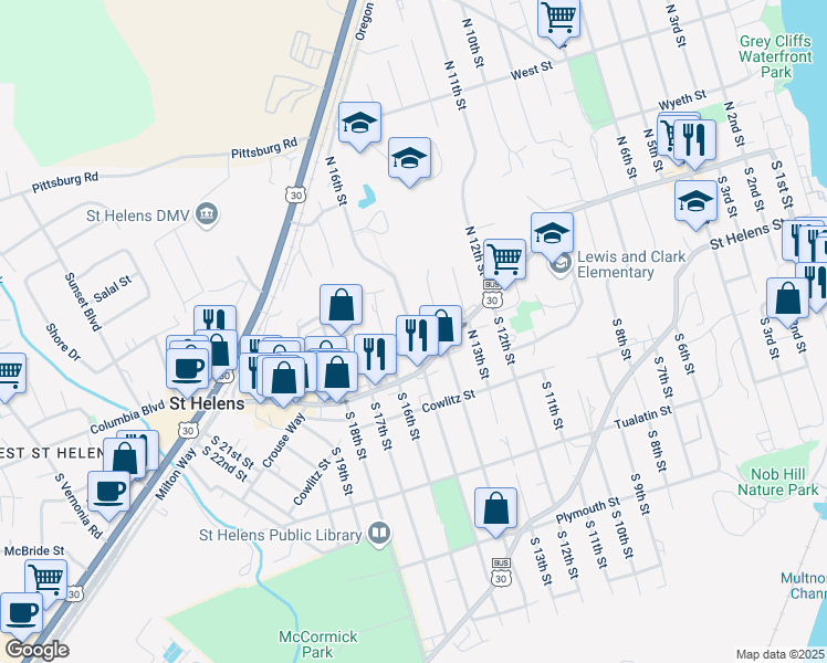 map of restaurants, bars, coffee shops, grocery stores, and more near 205 North 14th Street in St. Helens