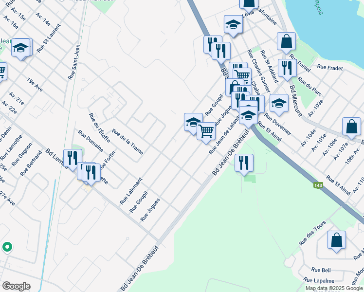 map of restaurants, bars, coffee shops, grocery stores, and more near Rue Goupil in Drummondville