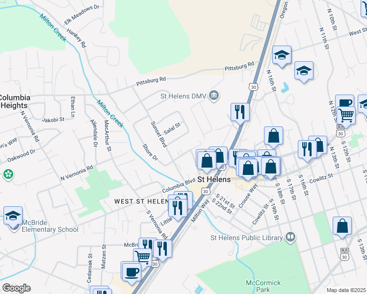 map of restaurants, bars, coffee shops, grocery stores, and more near 37 Salmon Street in St. Helens