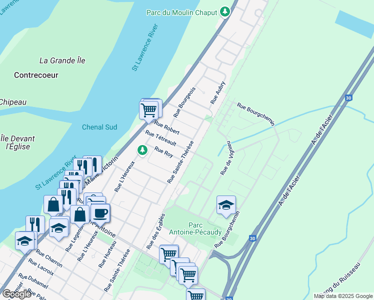 map of restaurants, bars, coffee shops, grocery stores, and more near Rue Tétreault in Contrecoeur