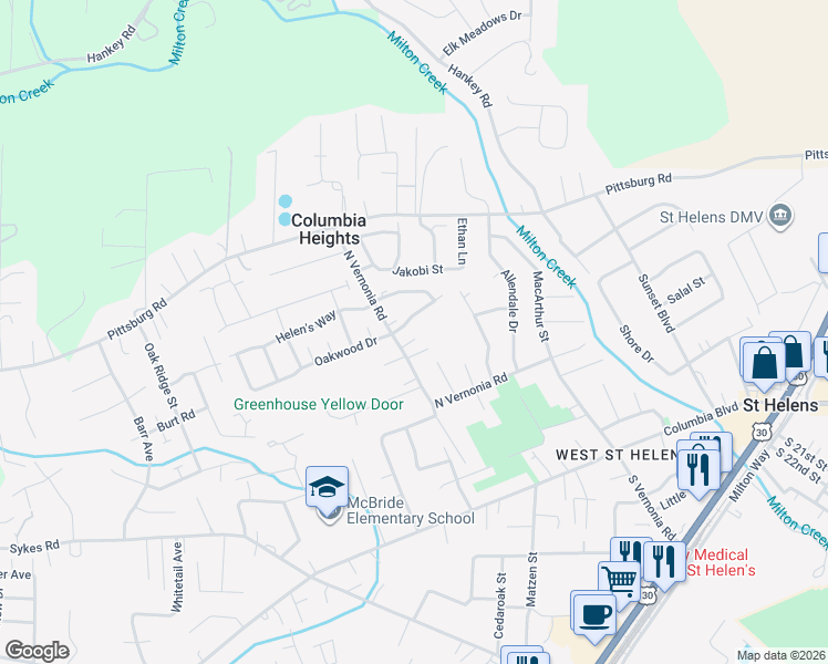 map of restaurants, bars, coffee shops, grocery stores, and more near 370 North Vernonia Road in St. Helens