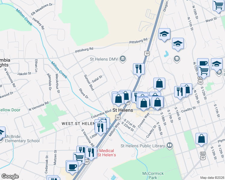 map of restaurants, bars, coffee shops, grocery stores, and more near 98 Shore Drive in St. Helens