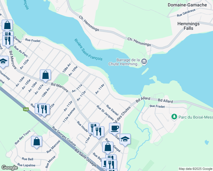 map of restaurants, bars, coffee shops, grocery stores, and more near Rue Fradet in Drummondville