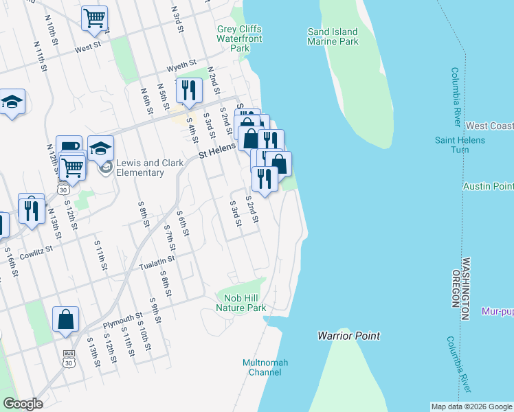 map of restaurants, bars, coffee shops, grocery stores, and more near 343 South 1st Street in St. Helens