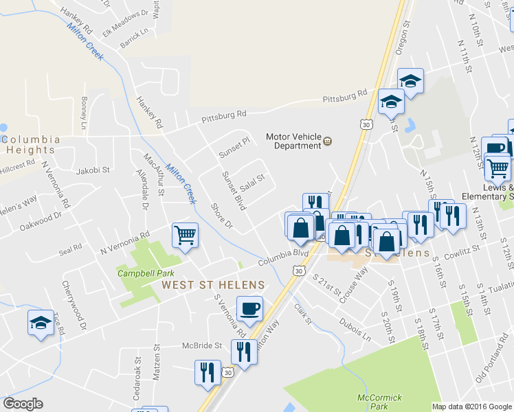 map of restaurants, bars, coffee shops, grocery stores, and more near 37 Salmon Street in St. Helens