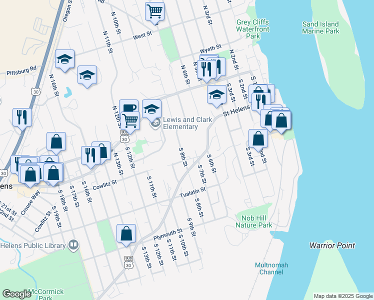 map of restaurants, bars, coffee shops, grocery stores, and more near 294 S 8th St in St Helens