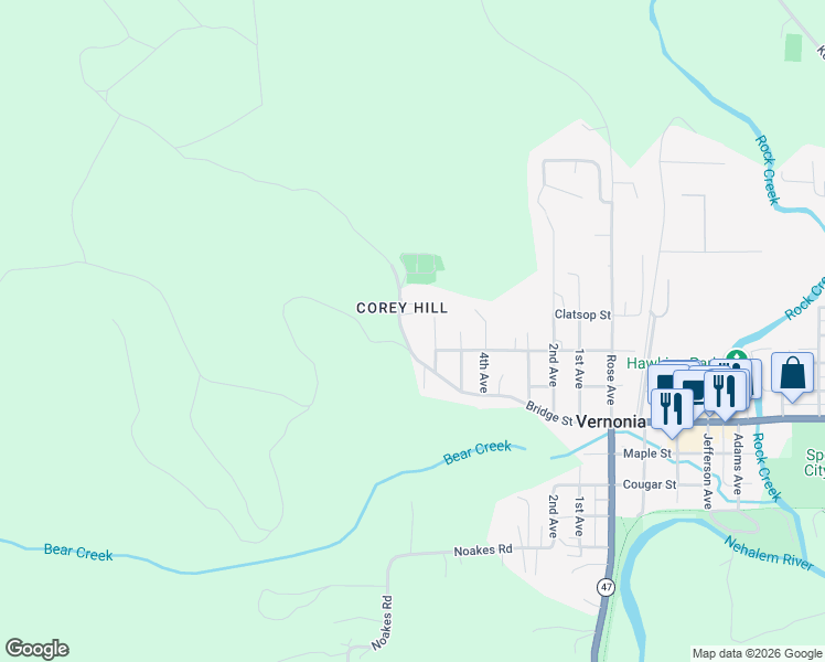 map of restaurants, bars, coffee shops, grocery stores, and more near 1978 Bridge Street in Vernonia