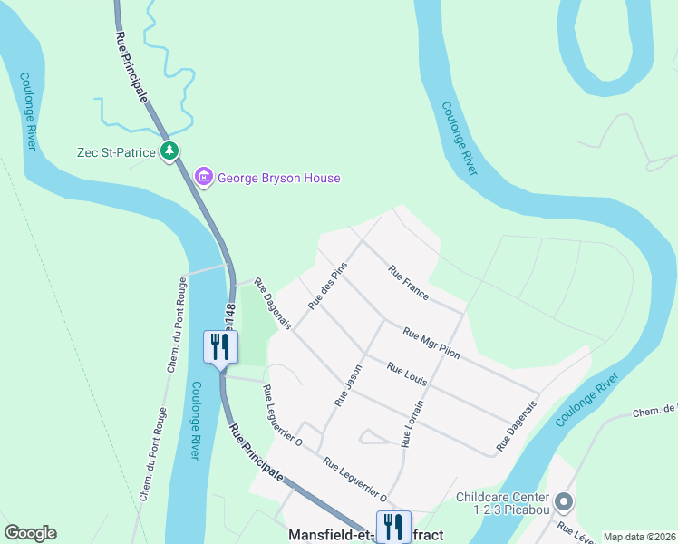 map of restaurants, bars, coffee shops, grocery stores, and more near Rue des Pins in Outaouais