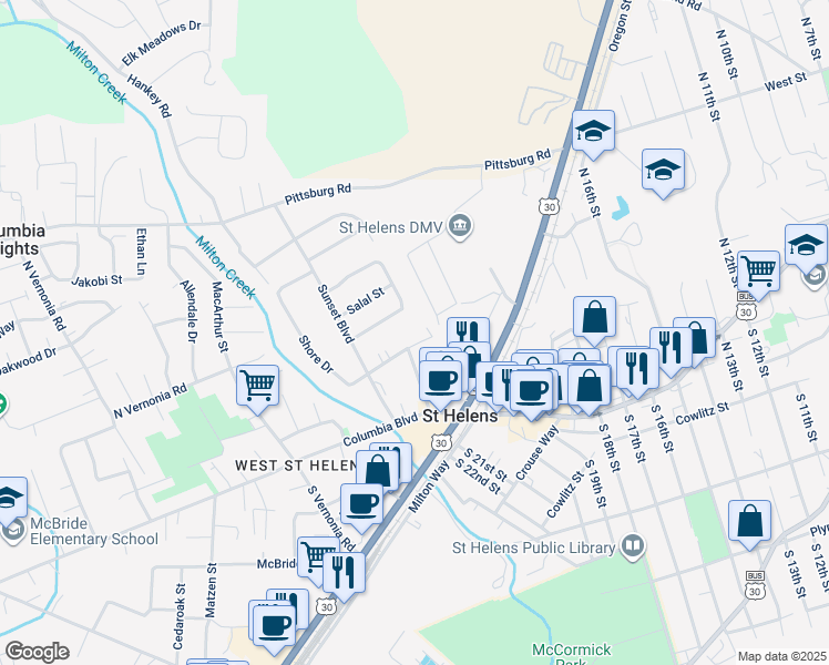 map of restaurants, bars, coffee shops, grocery stores, and more near 98 Shore Drive in St. Helens