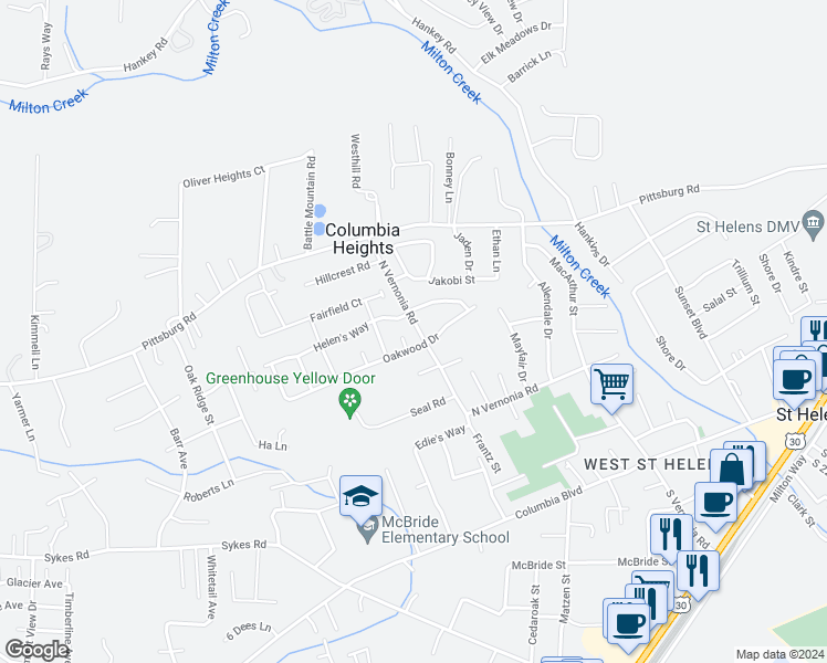 map of restaurants, bars, coffee shops, grocery stores, and more near 425 North Vernonia Road in Saint Helens