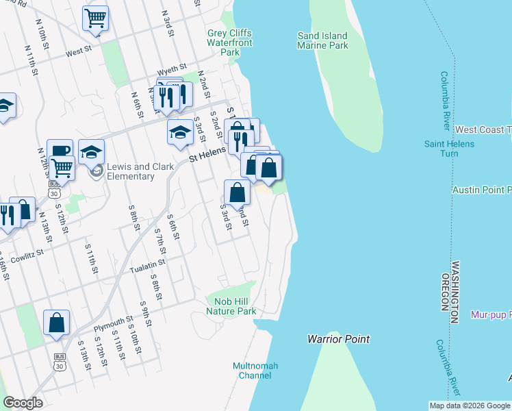 map of restaurants, bars, coffee shops, grocery stores, and more near 343 South 1st Street in St. Helens