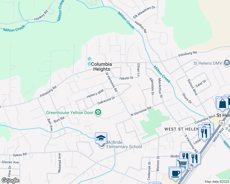 map of restaurants, bars, coffee shops, grocery stores, and more near 35496 Oakwood Drive in St. Helens