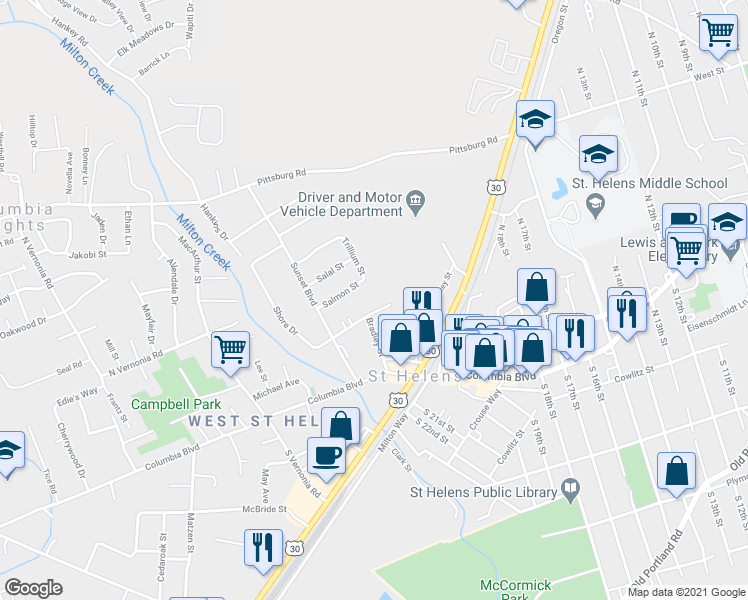 map of restaurants, bars, coffee shops, grocery stores, and more near 98 Shore Drive in St. Helens