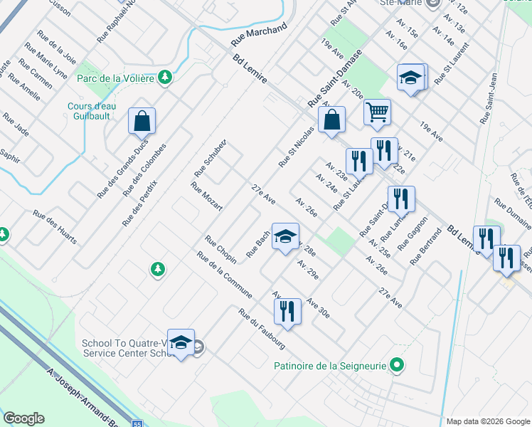 map of restaurants, bars, coffee shops, grocery stores, and more near 2405 Rue Beethoven in Drummondville