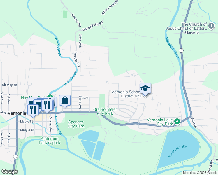 map of restaurants, bars, coffee shops, grocery stores, and more near 1073 Louisiana Avenue in Vernonia