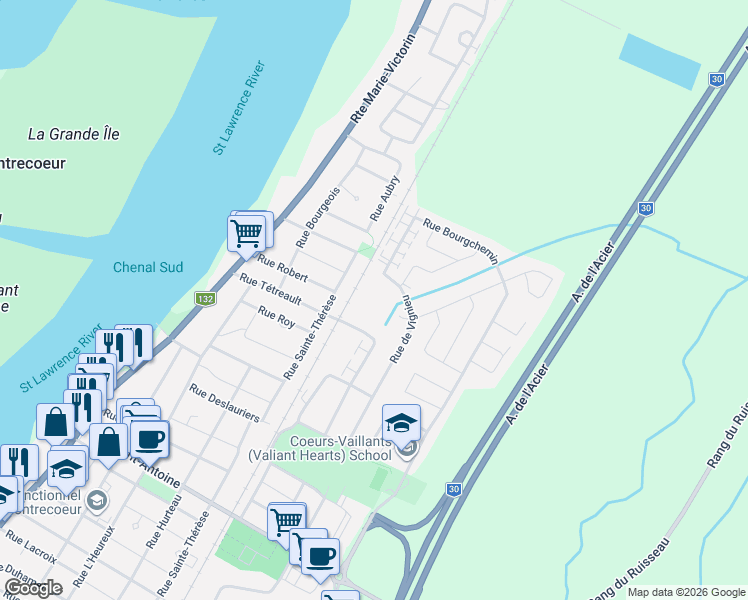 map of restaurants, bars, coffee shops, grocery stores, and more near 5630 Rue de Vignieu in Contrecoeur