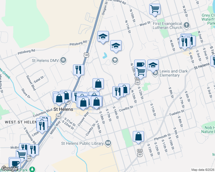 map of restaurants, bars, coffee shops, grocery stores, and more near 1550 Helena Street in St. Helens