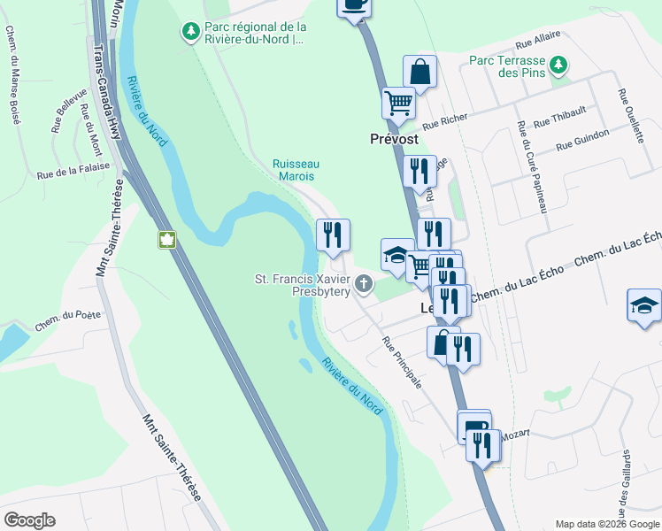 map of restaurants, bars, coffee shops, grocery stores, and more near 1025 Rue Principale in Saint-Jérôme