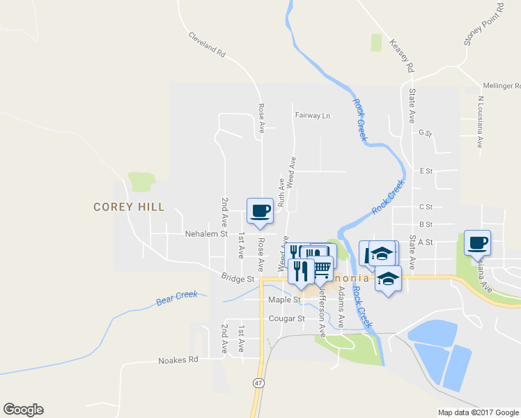 map of restaurants, bars, coffee shops, grocery stores, and more near 1142 Clatsop Street in Vernonia