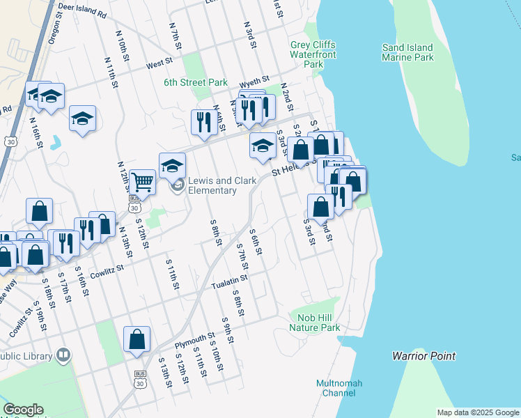 map of restaurants, bars, coffee shops, grocery stores, and more near 325 South 5th Street in St. Helens