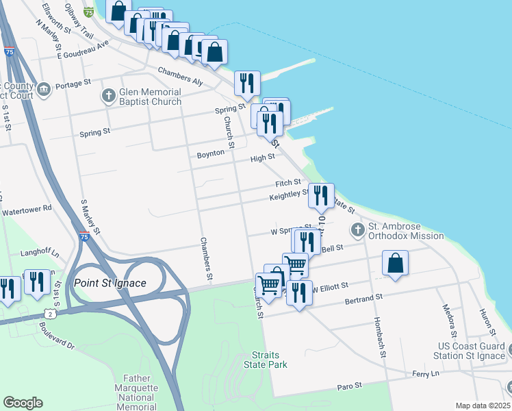 map of restaurants, bars, coffee shops, grocery stores, and more near 501-599 Church Street in Saint Ignace
