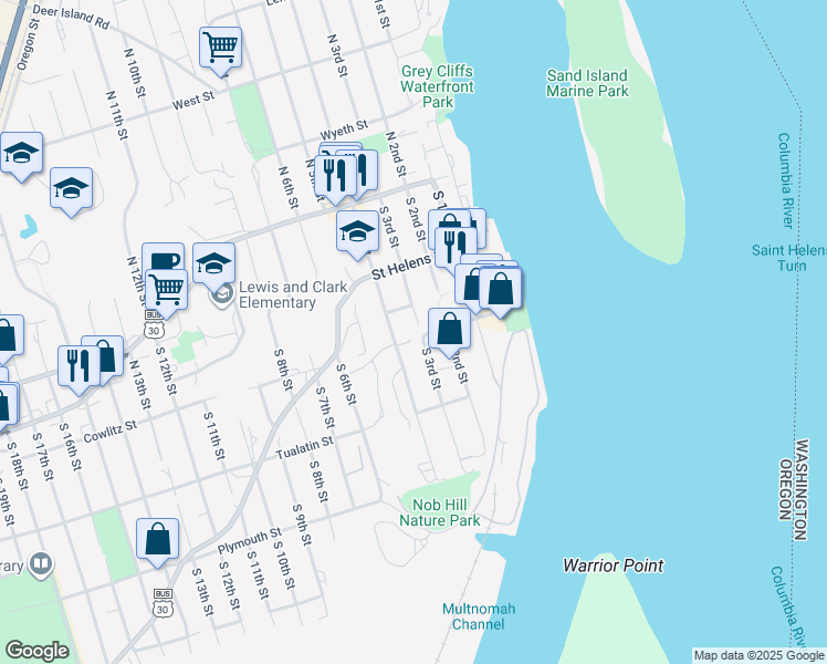 map of restaurants, bars, coffee shops, grocery stores, and more near 287 South 3rd Street in Saint Helens