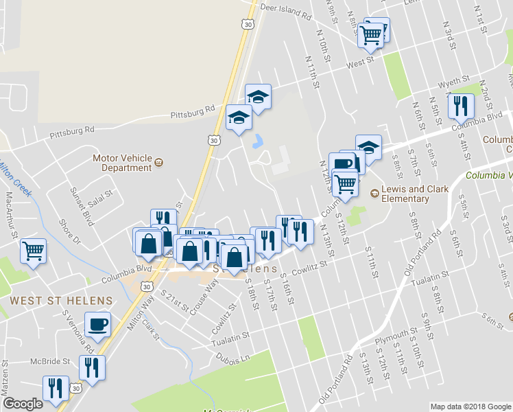 map of restaurants, bars, coffee shops, grocery stores, and more near 275 North 16th Street in Saint Helens