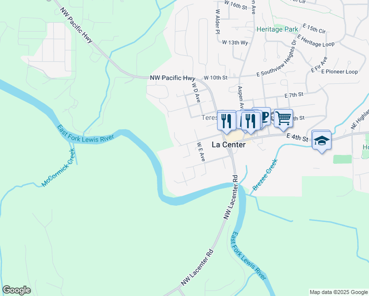 map of restaurants, bars, coffee shops, grocery stores, and more near 545 West 5th Street in La Center