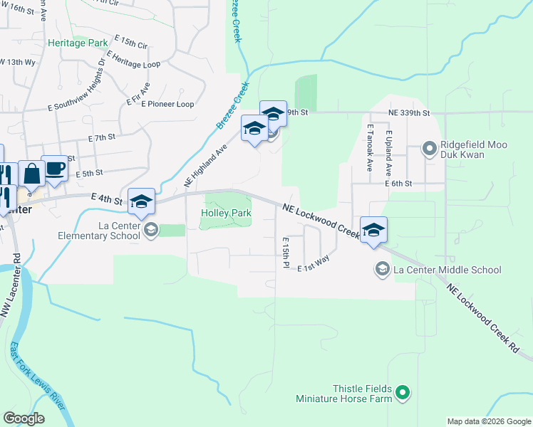 map of restaurants, bars, coffee shops, grocery stores, and more near 1421 East 4th Circle in La Center