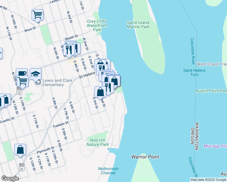 map of restaurants, bars, coffee shops, grocery stores, and more near 298 South 1st Street in St. Helens