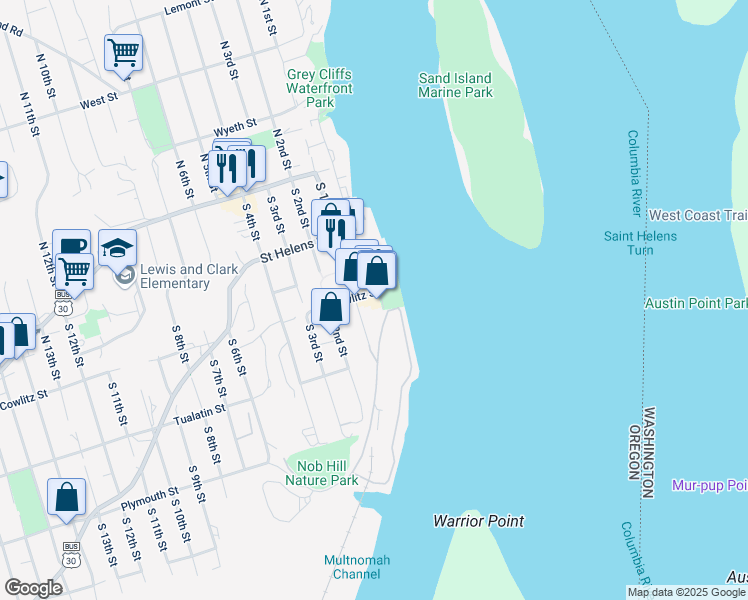 map of restaurants, bars, coffee shops, grocery stores, and more near 298 South 1st Street in St. Helens