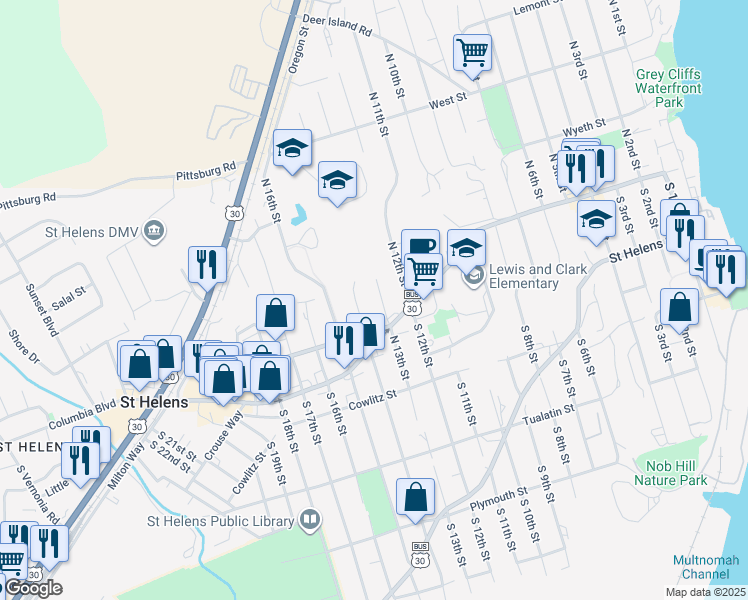 map of restaurants, bars, coffee shops, grocery stores, and more near 274 North 14th Street in St. Helens