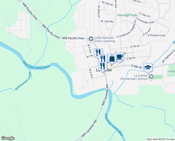 map of restaurants, bars, coffee shops, grocery stores, and more near 510 West 5th Street in La Center