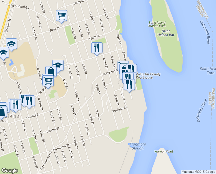 map of restaurants, bars, coffee shops, grocery stores, and more near 264 South 4th Street in Saint Helens