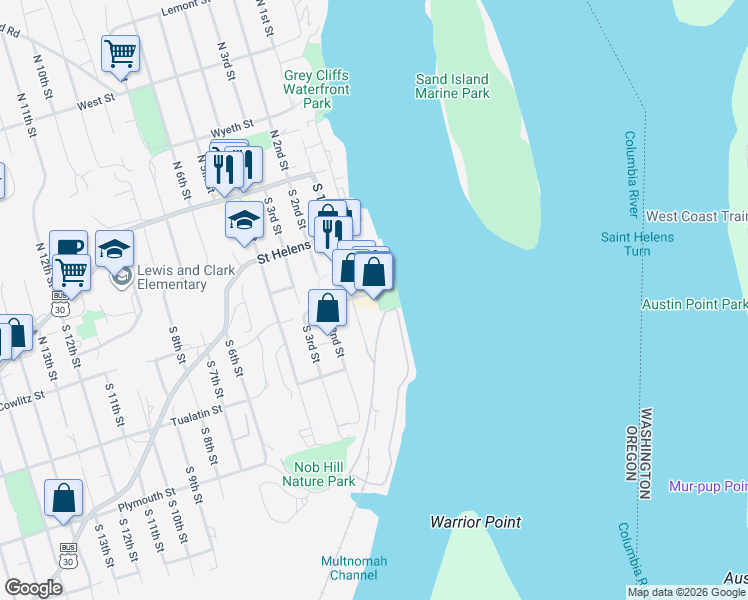 map of restaurants, bars, coffee shops, grocery stores, and more near 270 Strand Street in St. Helens