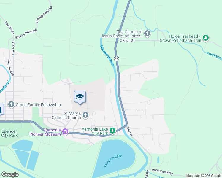 map of restaurants, bars, coffee shops, grocery stores, and more near 1105 Riverside Drive in Vernonia