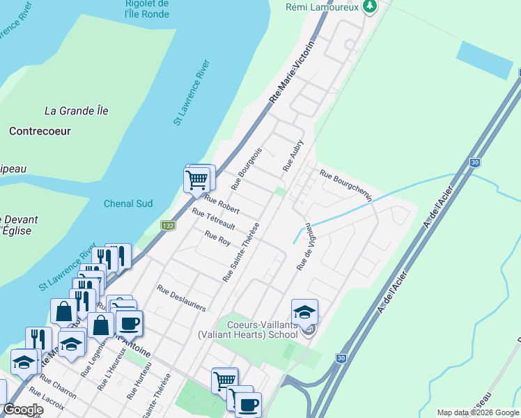 map of restaurants, bars, coffee shops, grocery stores, and more near 840 Rue Handfield in Contrecoeur