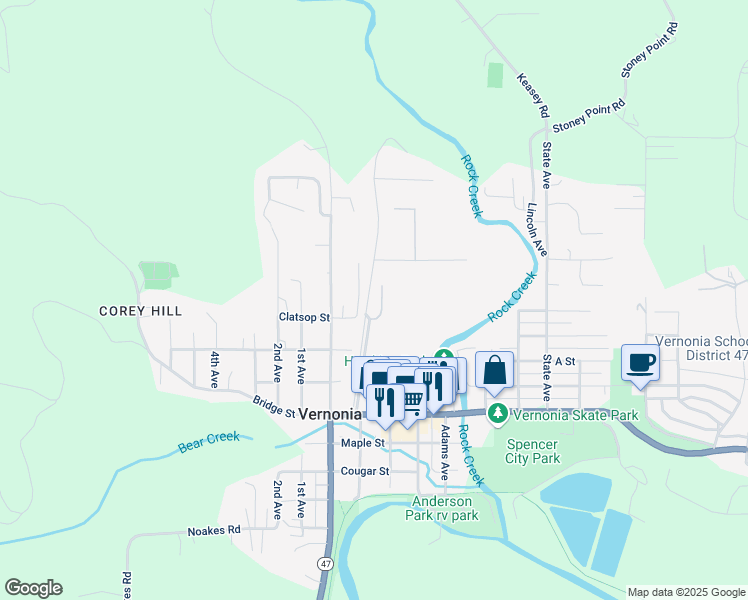 map of restaurants, bars, coffee shops, grocery stores, and more near 1233 Ruth Avenue in Vernonia