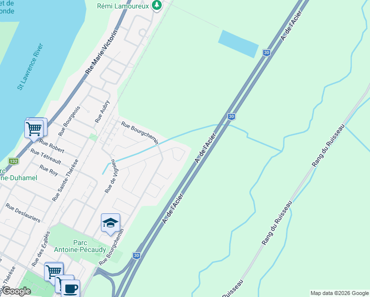 map of restaurants, bars, coffee shops, grocery stores, and more near 1769 Rue Dozois in Contrecoeur