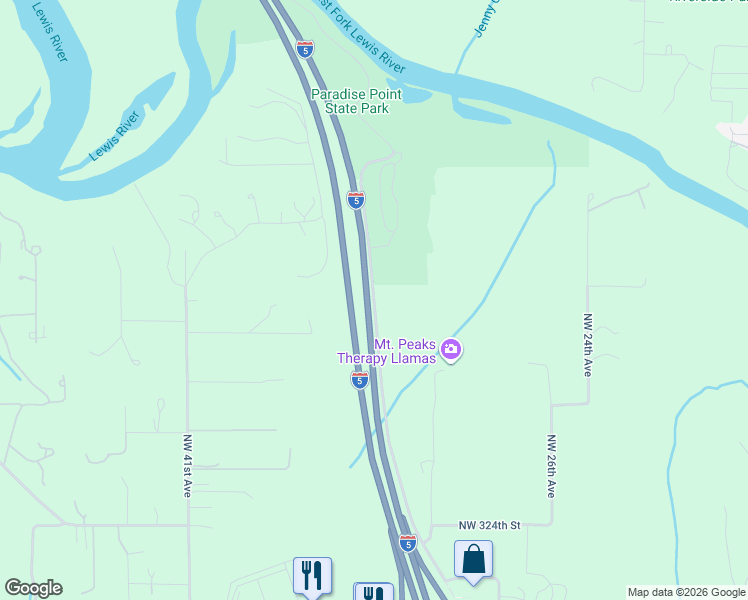 map of restaurants, bars, coffee shops, grocery stores, and more near Interstate 5 in Ridgefield
