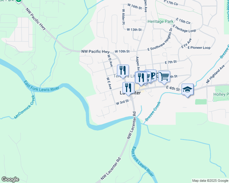 map of restaurants, bars, coffee shops, grocery stores, and more near 410 West 5th Street in La Center
