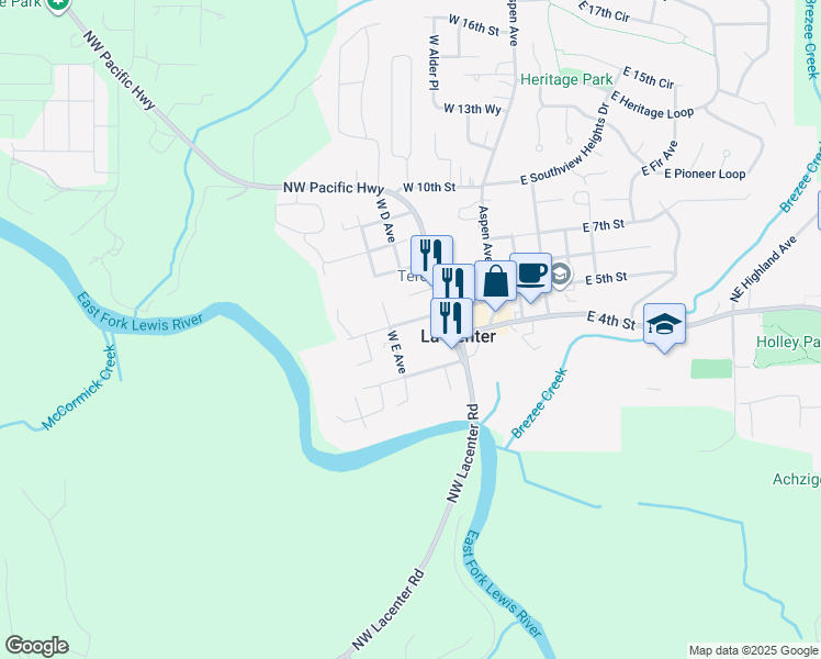 map of restaurants, bars, coffee shops, grocery stores, and more near 410 W 5th St in La Center