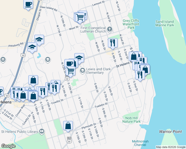 map of restaurants, bars, coffee shops, grocery stores, and more near 205 South 8th Street in St. Helens