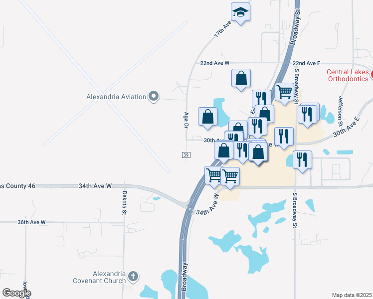 map of restaurants, bars, coffee shops, grocery stores, and more near 605 30th Avenue West in Alexandria