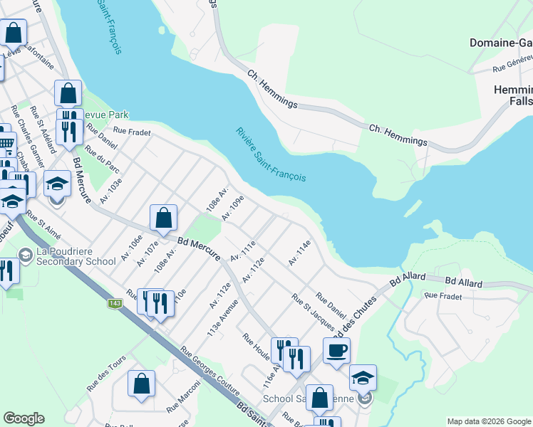 map of restaurants, bars, coffee shops, grocery stores, and more near 1870 Rue Fradet in Drummondville