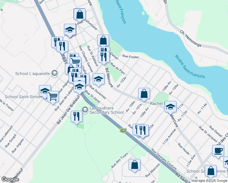 map of restaurants, bars, coffee shops, grocery stores, and more near 1440 Boulevard Mercure in Drummondville